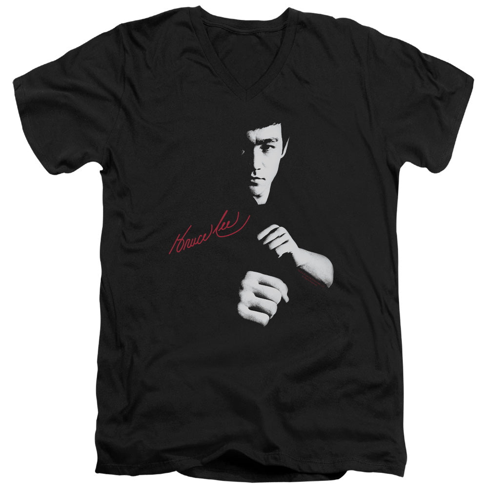 AN OFFCIALLY LICENSED BRUCE LEE THE DRAGON AWAITS MEN'S V-NECK T-SHIRT BLACK