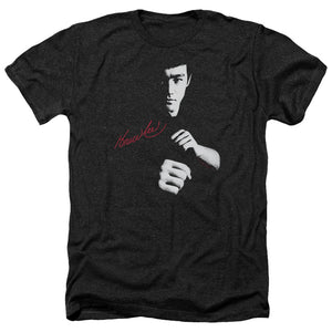 AN OFFCIALLY LICENSED BRUCE LEE THE DRAGON AWAITS MEN'S HEATHER T-SHIRT CHARCOAL