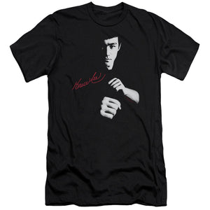 AN OFFCIALLY LICENSED BRUCE LEE THE DRAGON AWAITS MEN'S PREMIUM SLIM FIT T-SHIRT BLACK