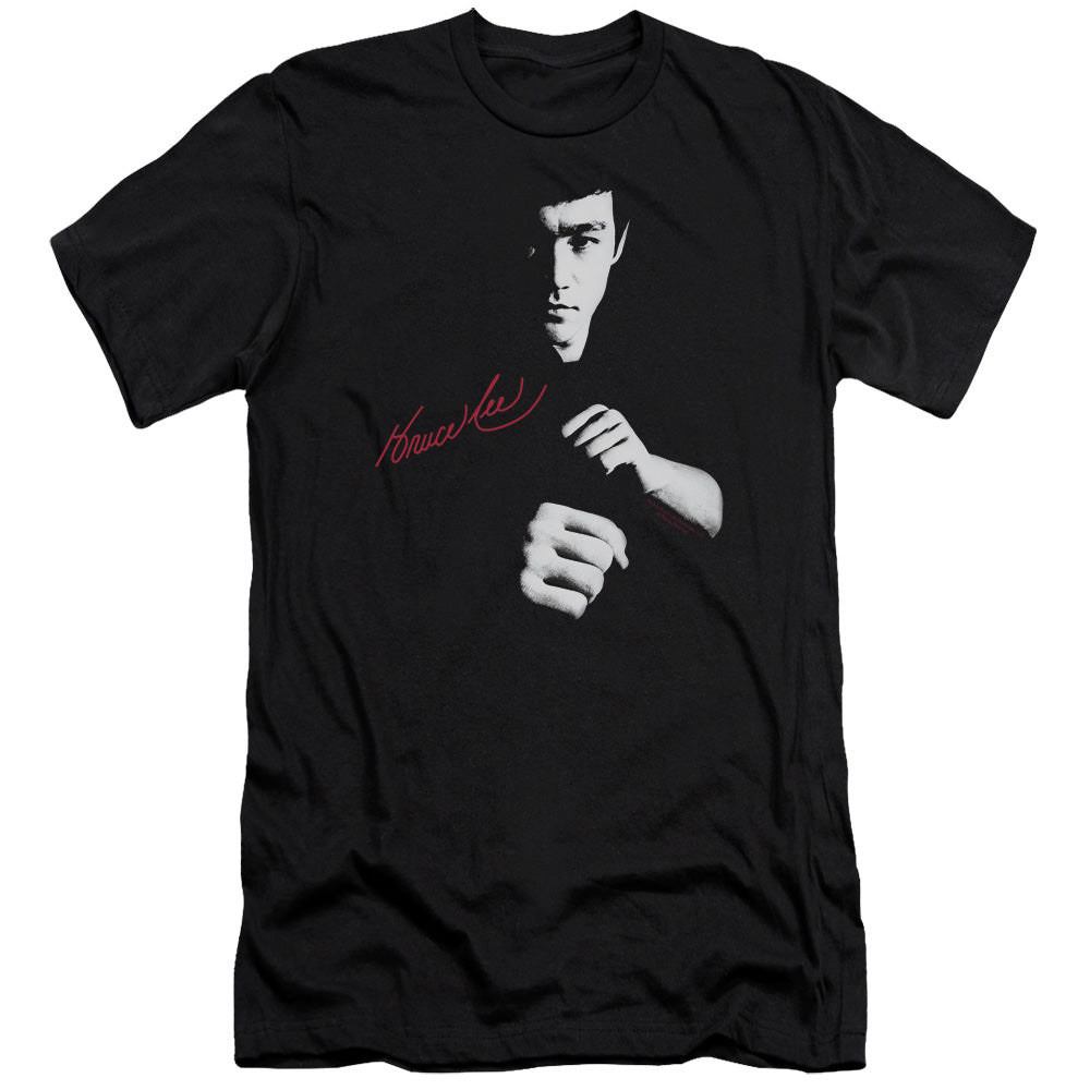 AN OFFCIALLY LICENSED BRUCE LEE THE DRAGON AWAITS MEN'S PREMIUM SLIM FIT T-SHIRT BLACK