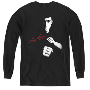 AN OFFCIALLY LICENSED BRUCE LEE THE DRAGON AWAITS YOUTH LONG SLEEVE T-SHIRT BLACK