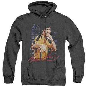 AN OFFCIALLY LICENSED BRUCE LEE YELLOW JUMPSUIT ADULT UNISEX HEATHER PULLOVER HOODIE BLACK