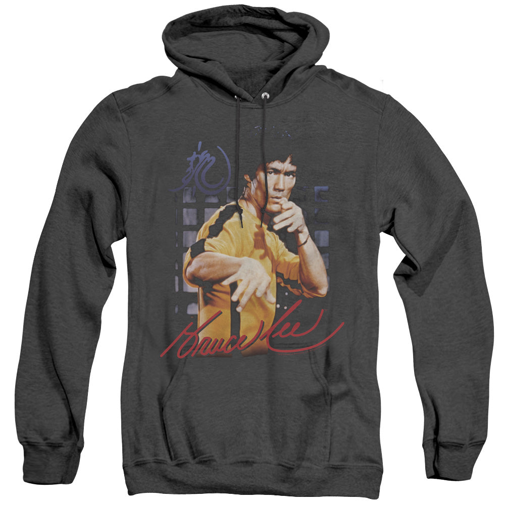 AN OFFCIALLY LICENSED BRUCE LEE YELLOW JUMPSUIT ADULT UNISEX HEATHER PULLOVER HOODIE BLACK
