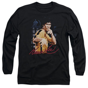 AN OFFCIALLY LICENSED BRUCE LEE YELLOW JUMPSUIT MEN'S LONG SLEEVE T-SHIRT BLACK