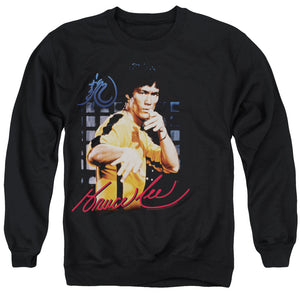 AN OFFCIALLY LICENSED BRUCE LEE YELLOW JUMPSUIT ADULT UNISEX CREWNECK SWEATSHIRT BLACK