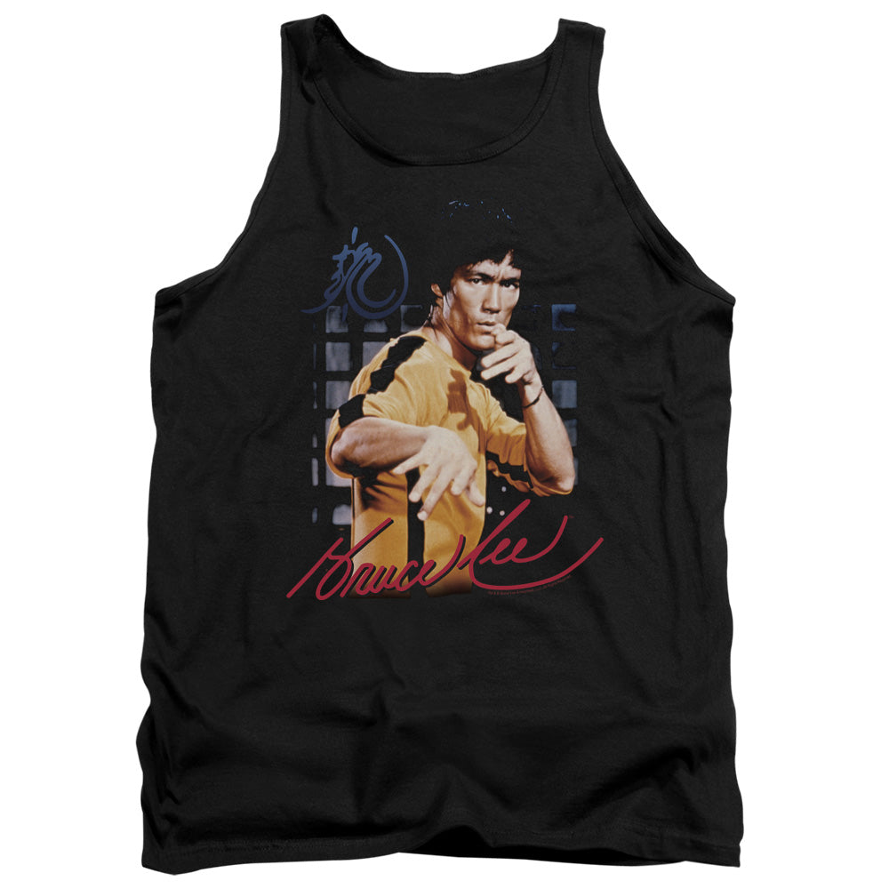 AN OFFCIALLY LICENSED BRUCE LEE YELLOW JUMPSUIT ADULT UNISEX TANK TOP BLACK