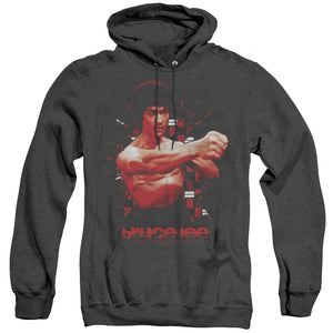 AN OFFCIALLY LICENSED BRUCE LEE THE SHATTERING FIST ADULT UNISEX HEATHER PULLOVER HOODIE BLACK