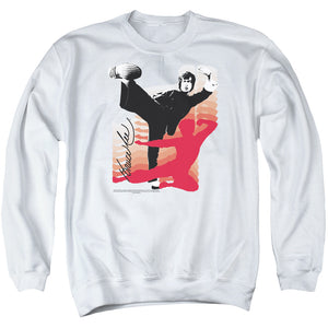 AN OFFCIALLY LICENSED BRUCE LEE KICK IT ADULT UNISEX CREWNECK SWEATSHIRT WHITE