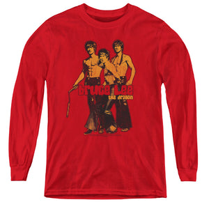 AN OFFCIALLY LICENSED BRUCE LEE NUNCHUCKS YOUTH LONG SLEEVE T-SHIRT RED