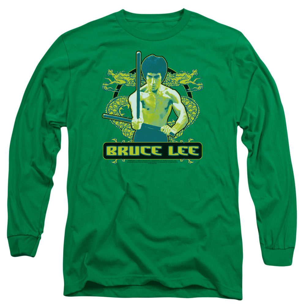 AN OFFCIALLY LICENSED BRUCE LEE DOUBLE DRAGONS MEN'S LONG SLEEVE T-SHIRT KELLY GREEN