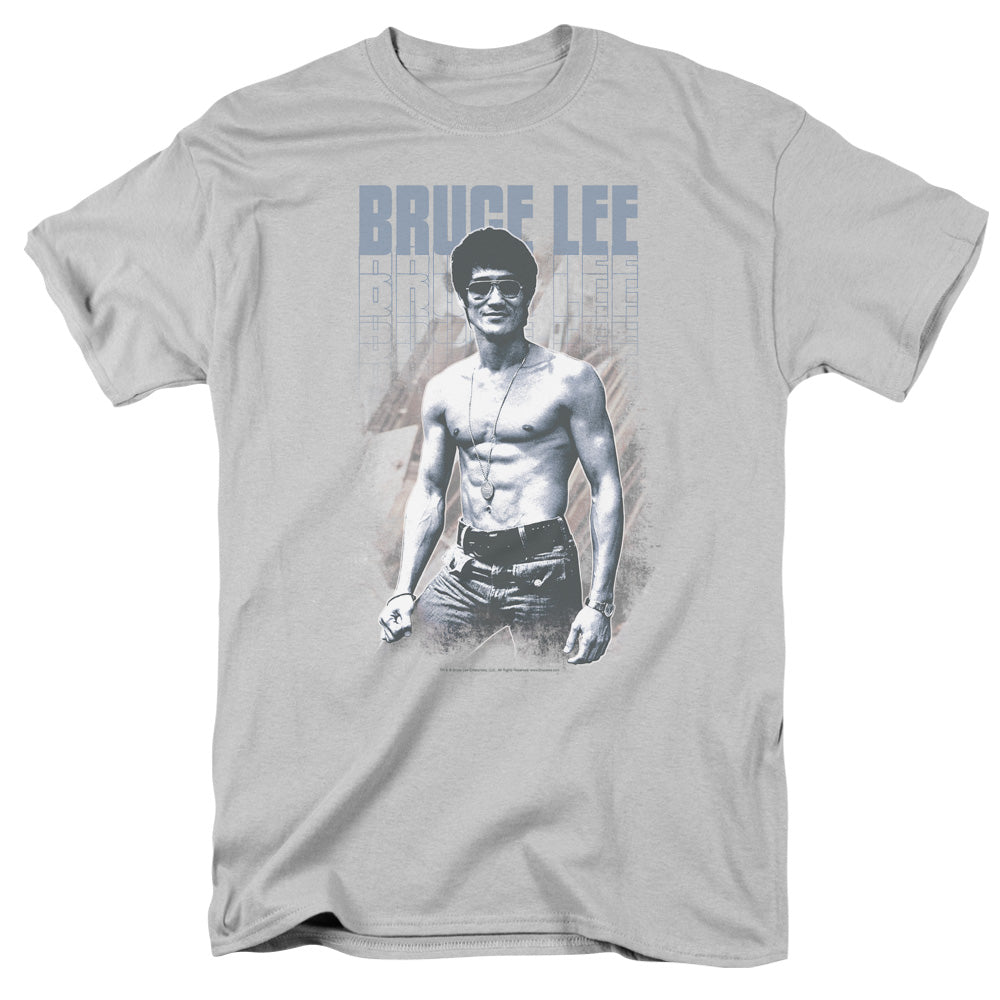 AN OFFCIALLY LICENSED BRUCE LEE BLUE JEAN LEE MEN'S REGULAR FIT T-SHIRT SILVER