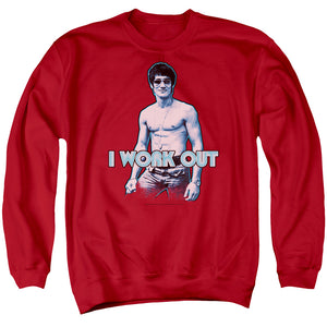 AN OFFCIALLY LICENSED BRUCE LEE LEE WORKS OUT ADULT UNISEX CREWNECK SWEATSHIRT RED