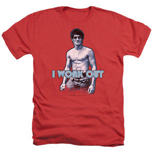 AN OFFCIALLY LICENSED BRUCE LEE LEE WORKS OUT MEN'S HEATHER T-SHIRT RED
