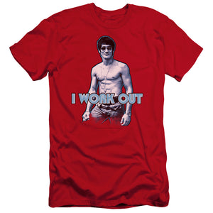 AN OFFCIALLY LICENSED BRUCE LEE LEE WORKS OUT MEN'S PREMIUM SLIM FIT T-SHIRT RED
