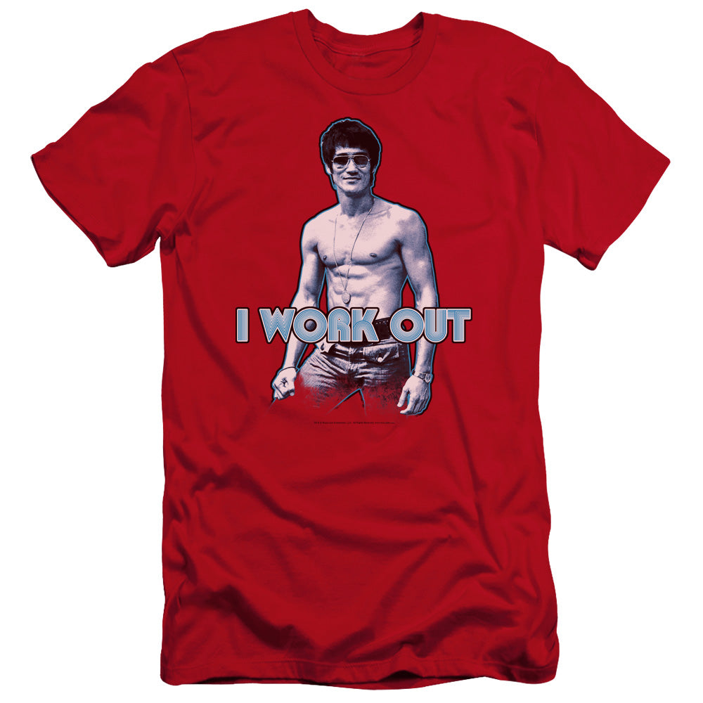 AN OFFCIALLY LICENSED BRUCE LEE LEE WORKS OUT MEN'S PREMIUM SLIM FIT T-SHIRT RED