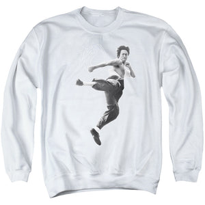 AN OFFCIALLY LICENSED BRUCE LEE FLYING KICK ADULT UNISEX CREWNECK SWEATSHIRT WHITE