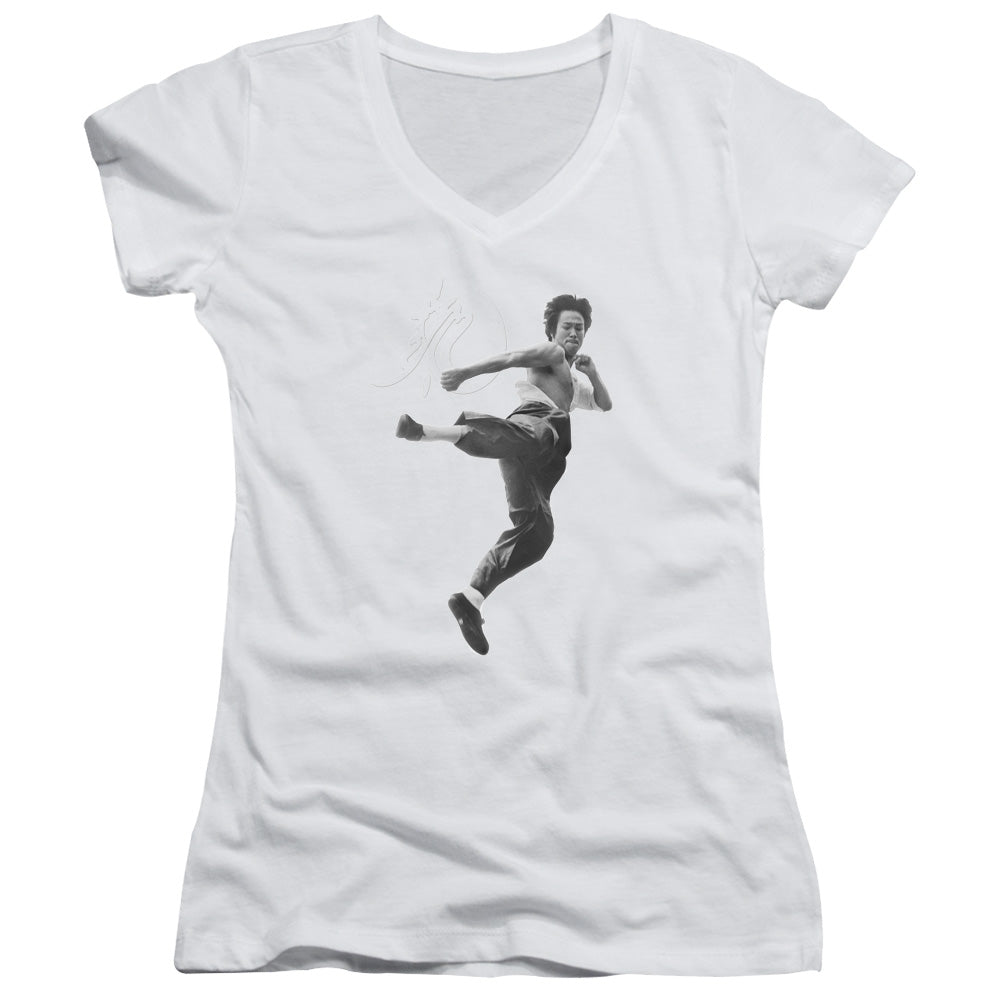 Bruce Lee Flying Kick Licensed Women's T-Shirt Juniors V-Neck SM