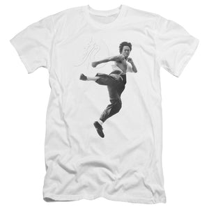 AN OFFCIALLY LICENSED BRUCE LEE FLYING KICK MEN'S PREMIUM SLIM FIT T-SHIRT WHITE