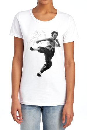 AN OFFCIALLY LICENSED BRUCE LEE FLYING KICK WOMEN'S REGULAR FIT T-SHIRT WHITE