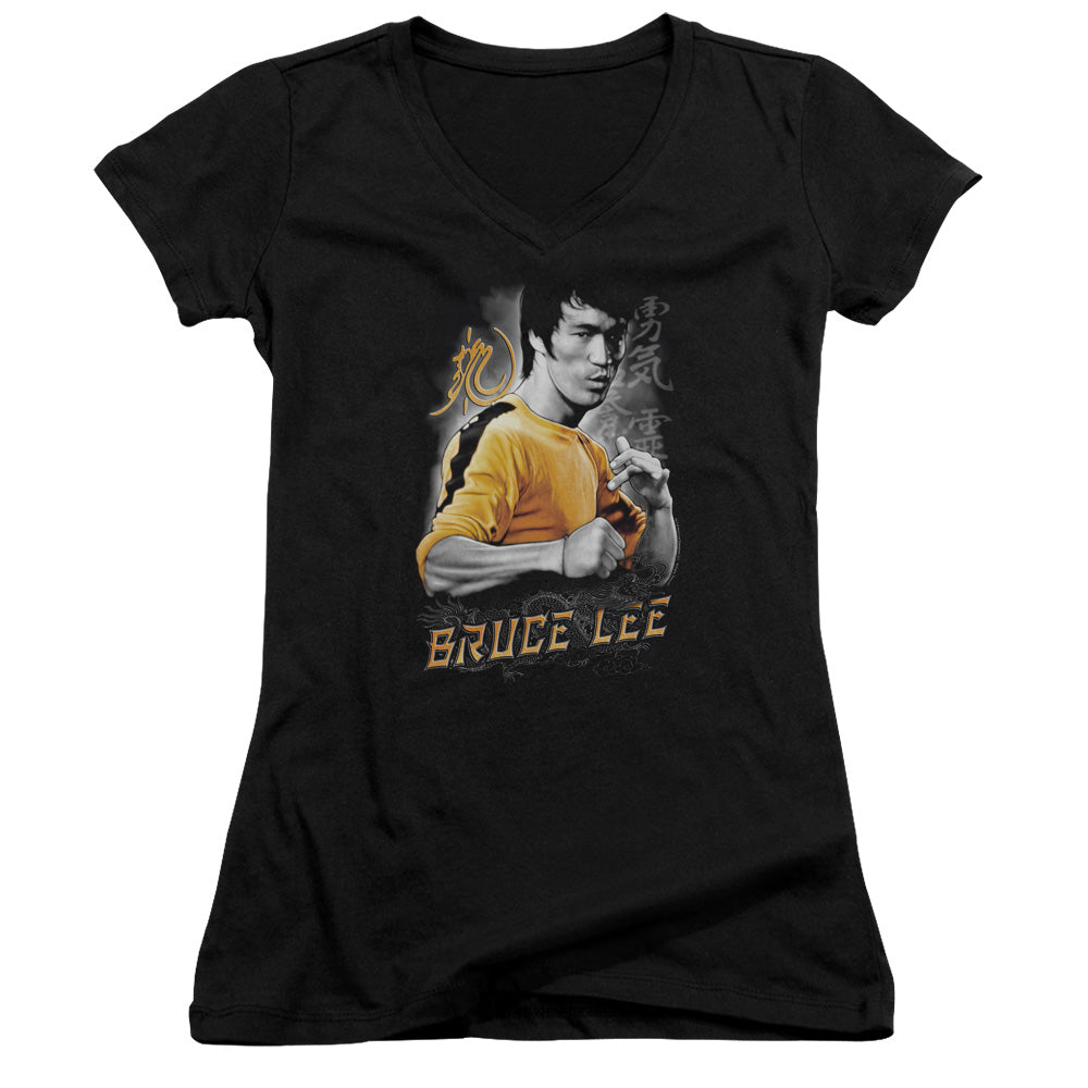 Bruce Lee Yellow Dragon Licensed Women's T-Shirt Juniors V-Neck SM