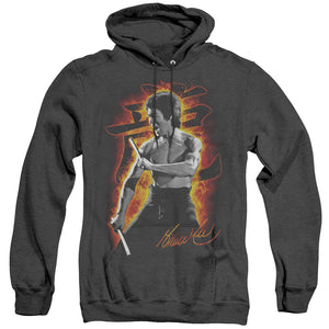 AN OFFCIALLY LICENSED BRUCE LEE DRAGON FIRE ADULT UNISEX HEATHER PULLOVER HOODIE BLACK