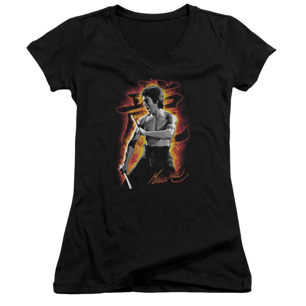 Bruce Lee Dragon Fire Licensed Women's T-Shirt Juniors V-Neck SM