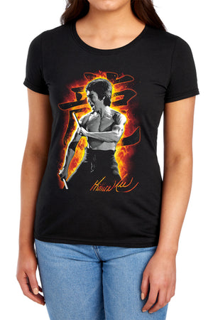 AN OFFCIALLY LICENSED BRUCE LEE DRAGON FIRE WOMEN'S REGULAR FIT T-SHIRT BLACK