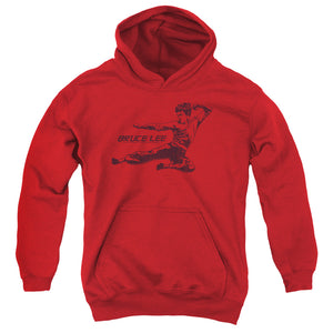 AN OFFCIALLY LICENSED BRUCE LEE LINE KICK YOUTH HOODIE RED