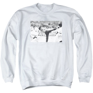 AN OFFCIALLY LICENSED BRUCE LEE KICK TO THE HEAD ADULT UNISEX CREWNECK SWEATSHIRT WHITE
