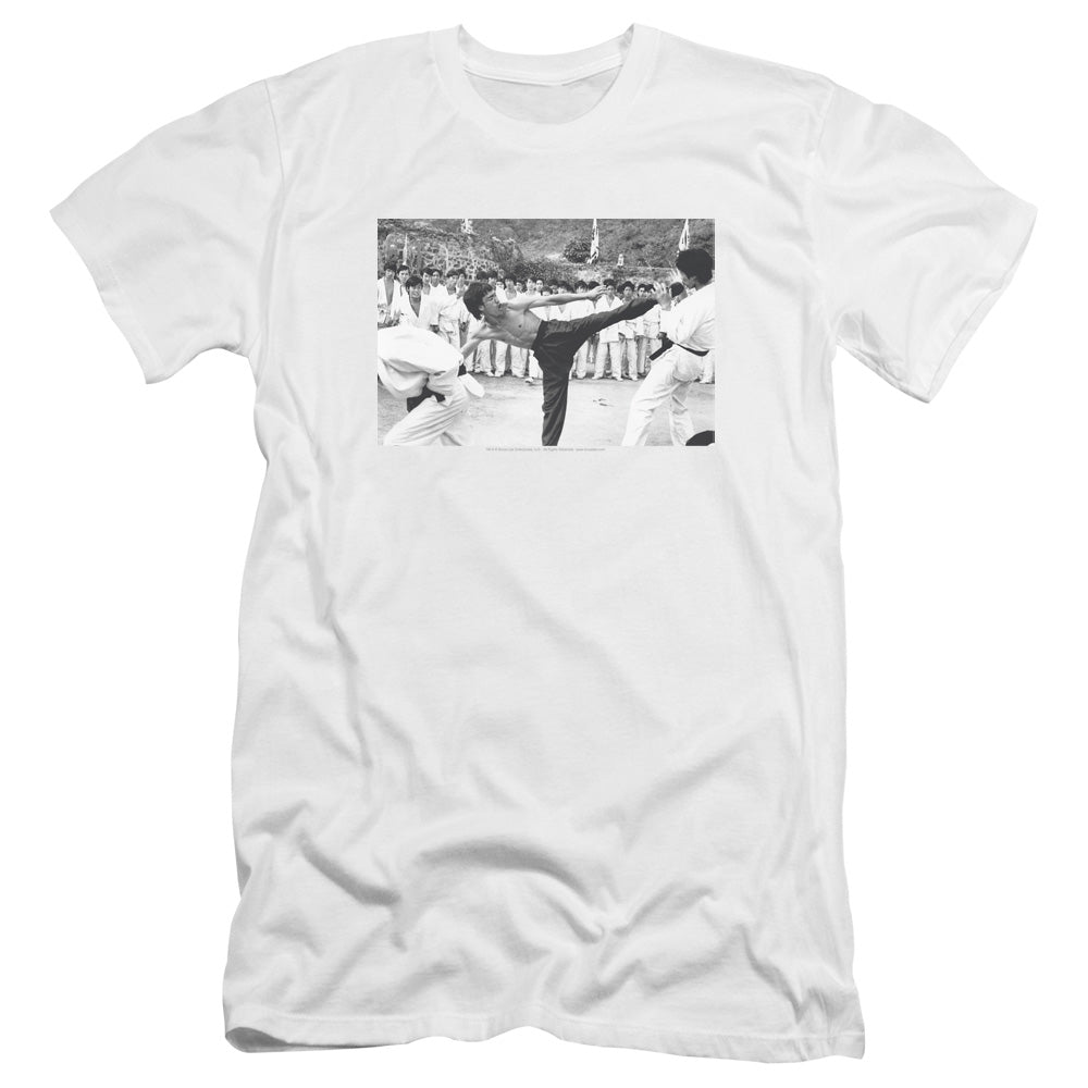 AN OFFCIALLY LICENSED BRUCE LEE KICK TO THE HEAD MEN'S PREMIUM SLIM FIT T-SHIRT WHITE