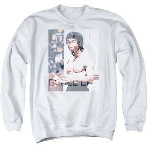 AN OFFCIALLY LICENSED BRUCE LEE REVVING UP ADULT UNISEX CREWNECK SWEATSHIRT WHITE