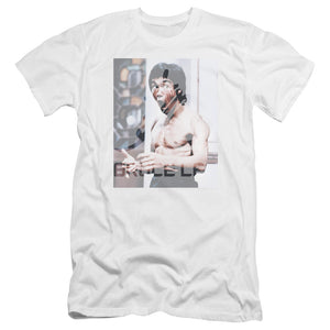 AN OFFCIALLY LICENSED BRUCE LEE REVVING UP MEN'S PREMIUM SLIM FIT T-SHIRT WHITE