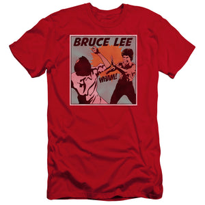 AN OFFCIALLY LICENSED BRUCE LEE COMIC PANEL MEN'S PREMIUM SLIM FIT T-SHIRT RED