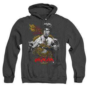 AN OFFCIALLY LICENSED BRUCE LEE GOLDEN YEAR OF THE DRAGON ADULT UNISEX HEATHER PULLOVER HOODIE BLACK