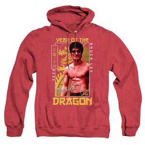 AN OFFCIALLY LICENSED BRUCE LEE FRAMED YEAR OF THE DRAGON ADULT UNISEX HEATHER PULLOVER HOODIE RED