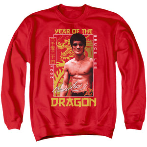 AN OFFCIALLY LICENSED BRUCE LEE FRAMED YEAR OF THE DRAGON ADULT UNISEX CREWNECK SWEATSHIRT RED