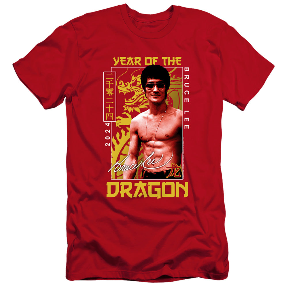 AN OFFCIALLY LICENSED BRUCE LEE FRAMED YEAR OF THE DRAGON MEN'S PREMIUM SLIM FIT T-SHIRT RED