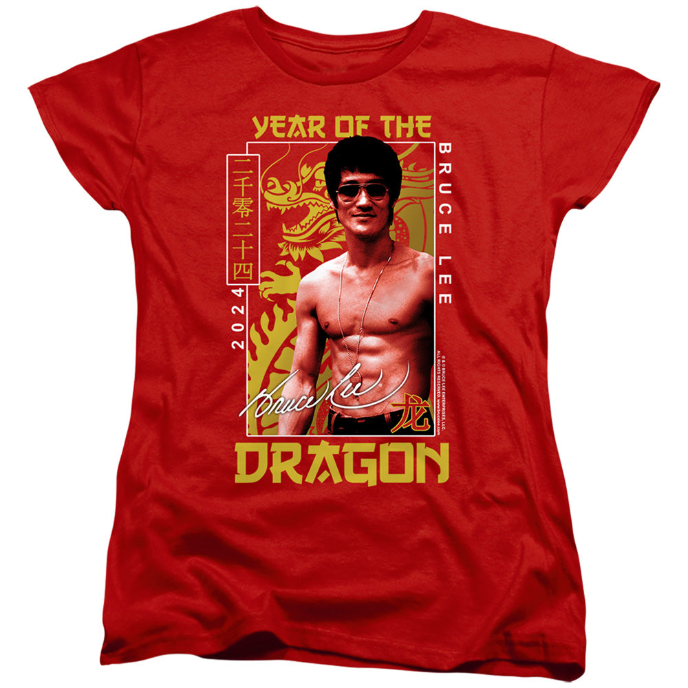 AN OFFCIALLY LICENSED BRUCE LEE FRAMED YEAR OF THE DRAGON WOMEN'S REGULAR FIT T-SHIRT RED