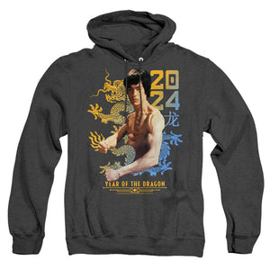 AN OFFCIALLY LICENSED BRUCE LEE TWO TONE YEAR OF THE DRAGON ADULT UNISEX HEATHER PULLOVER HOODIE BLACK