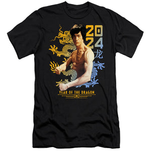 AN OFFCIALLY LICENSED BRUCE LEE TWO TONE YEAR OF THE DRAGON MEN'S PREMIUM SLIM FIT T-SHIRT BLACK