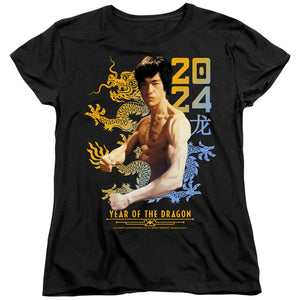 AN OFFCIALLY LICENSED BRUCE LEE TWO TONE YEAR OF THE DRAGON WOMEN'S REGULAR FIT T-SHIRT BLACK