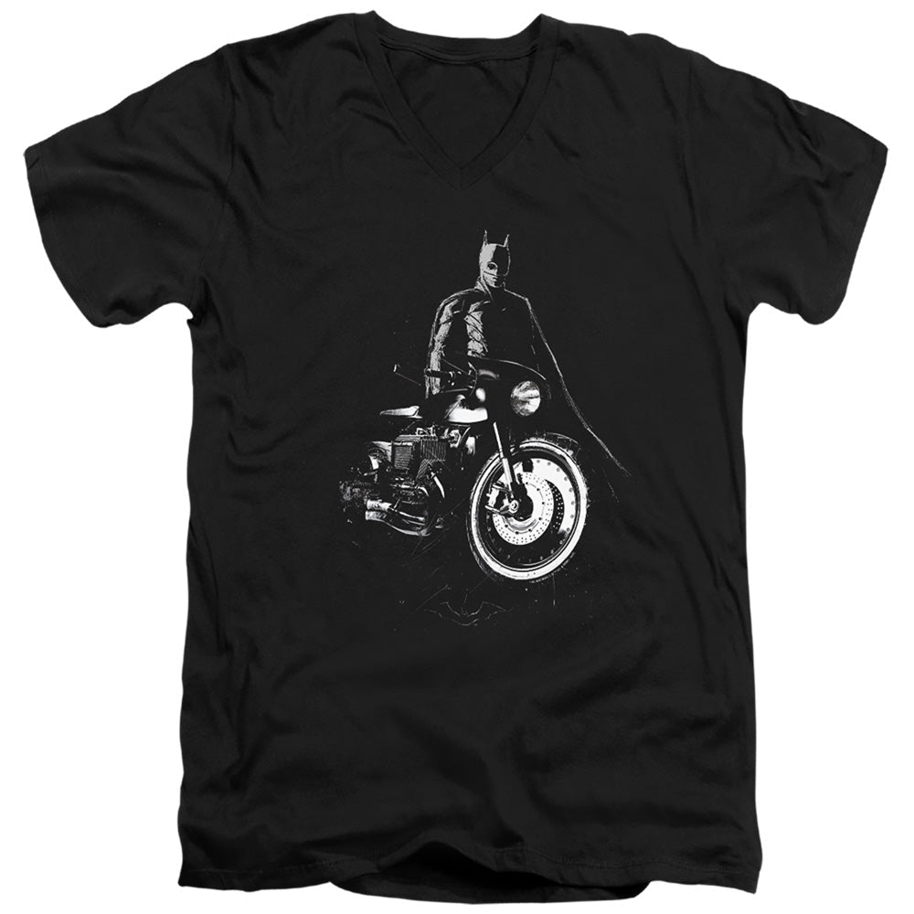 The Batman And His Motorcycle Licensed Adult Unisex T-Shirt V-Neck Tee SM-2X