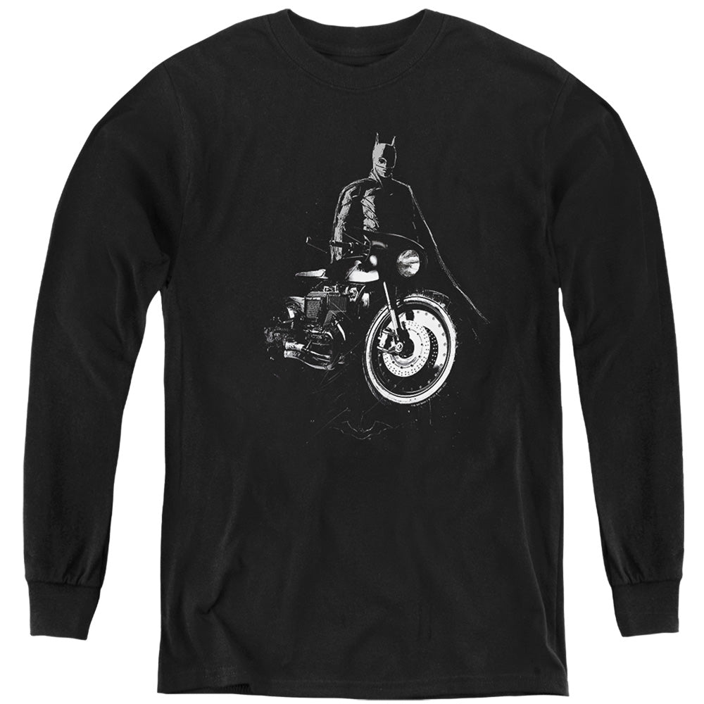 The Batman And His Motorcycle Licensed Youth Long Sleeve T-Shirt (Ages 8-12)
