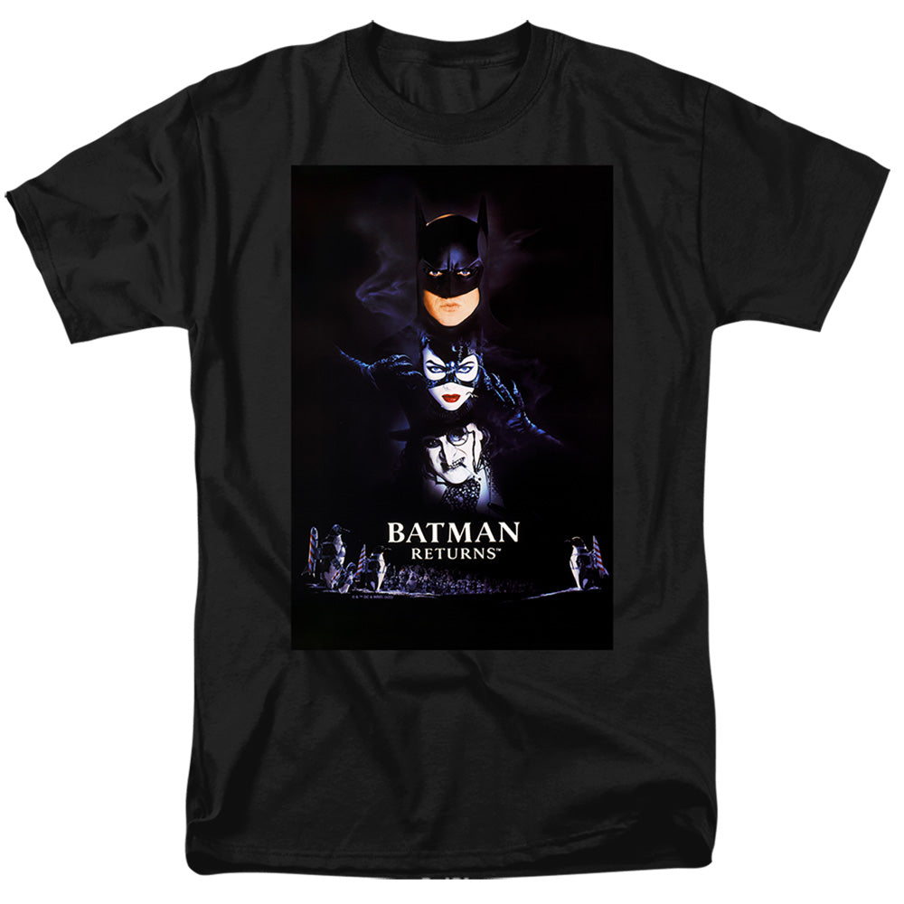 AN OFFCIALLY LICENSED BATMAN RETURNS BATMAN CATWOMAN PENGUIN POSTER MEN'S REGULAR FIT T-SHIRT BLACK