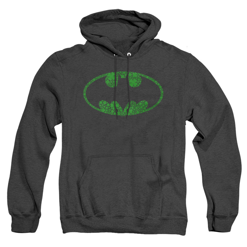 AN OFFCIALLY LICENSED BATMAN ST. PATRICK'S DAY SHAMROCK LOGO ADULT UNISEX HEATHER PULLOVER HOODIE BLACK