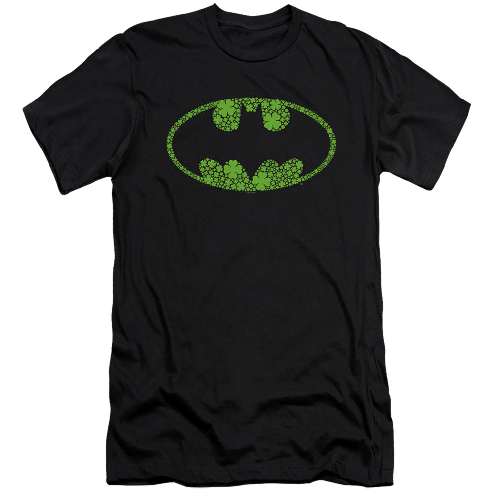 AN OFFCIALLY LICENSED BATMAN ST. PATRICK'S DAY SHAMROCK LOGO MEN'S PREMIUM SLIM FIT T-SHIRT BLACK
