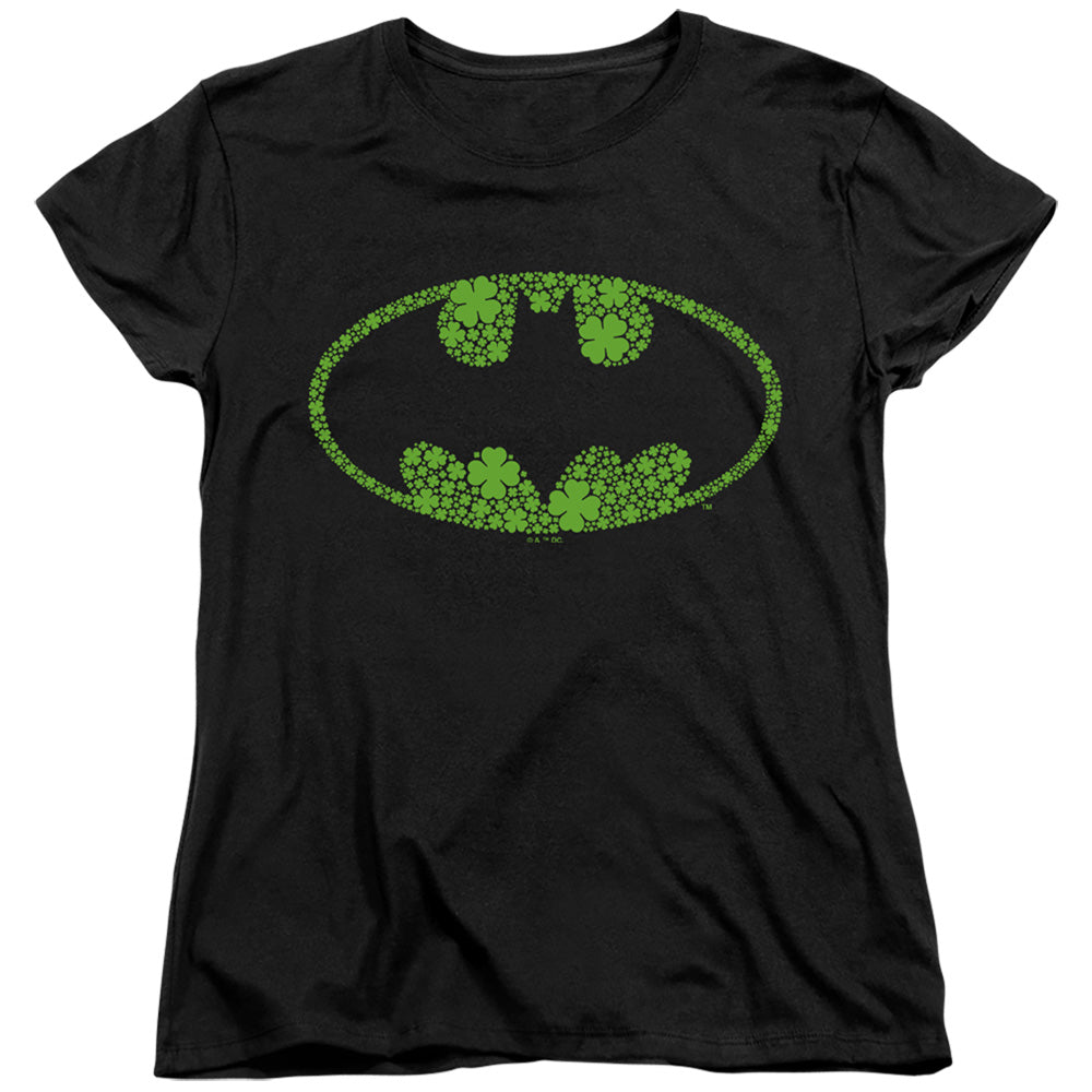 AN OFFCIALLY LICENSED BATMAN ST. PATRICK'S DAY SHAMROCK LOGO WOMEN'S REGULAR FIT T-SHIRT BLACK