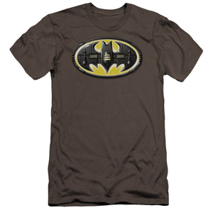 AN OFFCIALLY LICENSED BATMAN BAT MECH LOGO MEN'S PREMIUM SLIM FIT T-SHIRT CHARCOAL