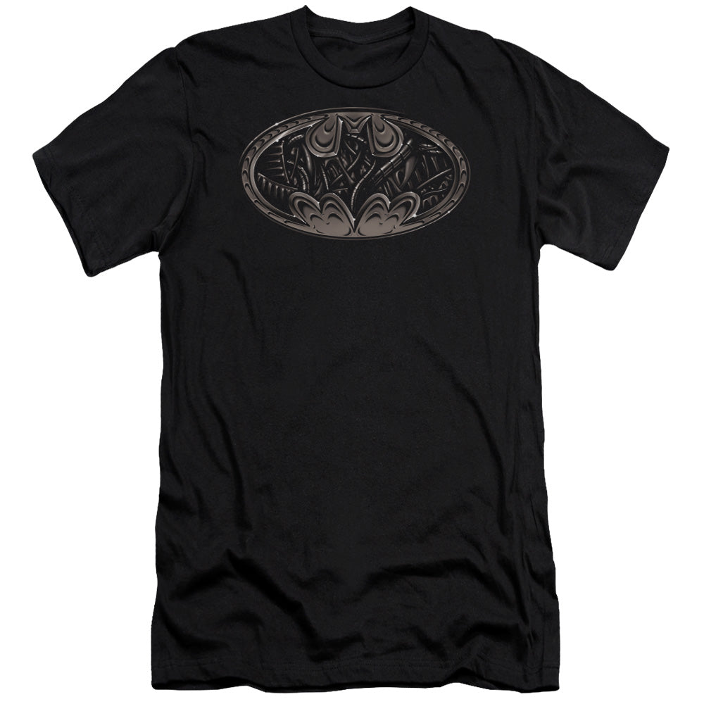 AN OFFCIALLY LICENSED BATMAN BIO MECH BAT SHIELD MEN'S PREMIUM SLIM FIT T-SHIRT BLACK
