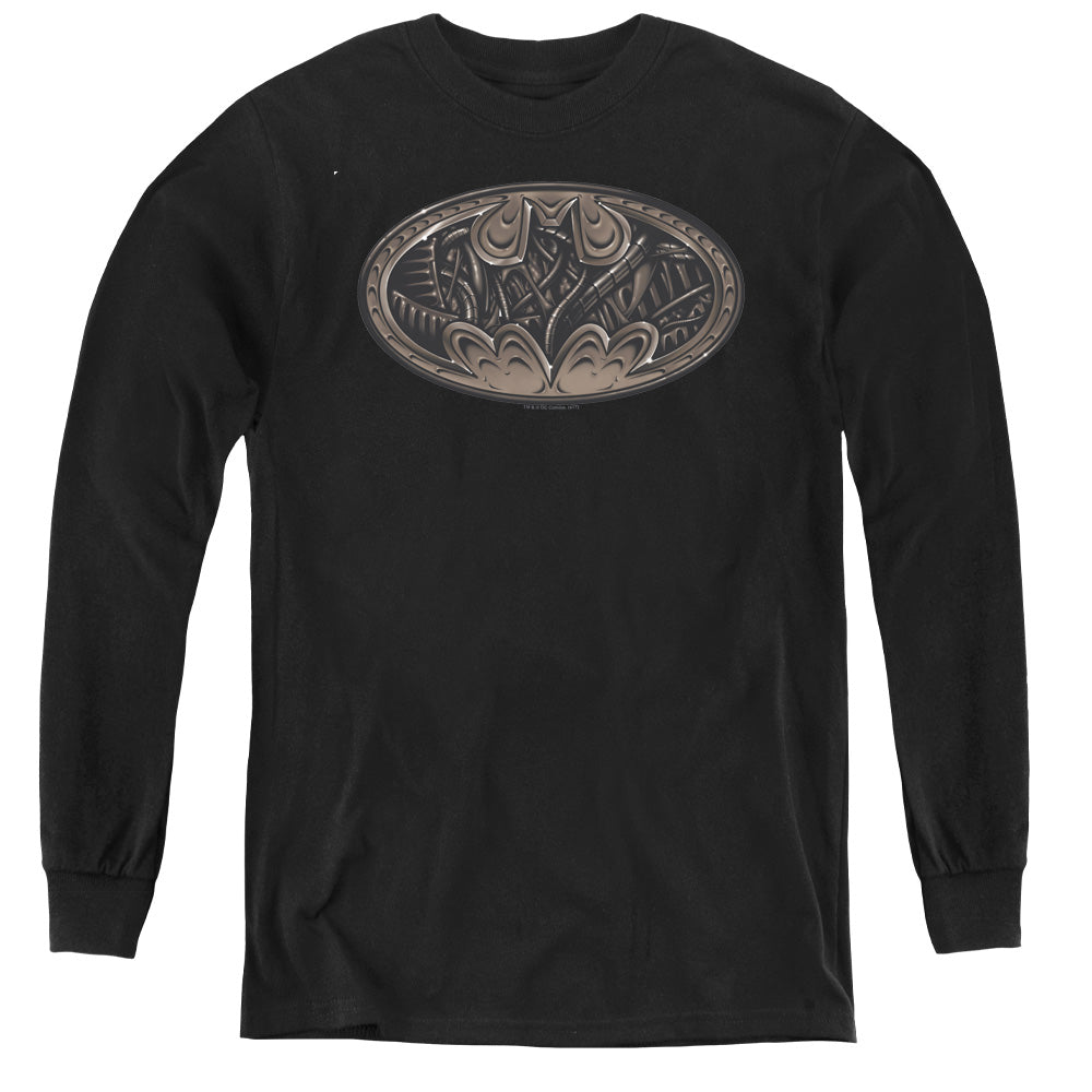 AN OFFCIALLY LICENSED BATMAN BIO MECH BAT SHIELD YOUTH LONG SLEEVE T-SHIRT BLACK